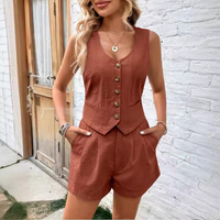 Women’s Clothing Solid Color V Neck Sleeveless Two Piece Suit