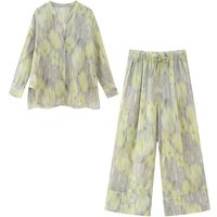 Asymmetrical Slit Print Ramie Blouse & High Waist Wide Leg Pants Set – Trendy Streetwear Outfit Summer