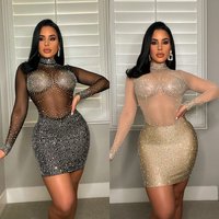 Clothing Fashionable Sexy Mesh Long Sleeved Hot Diamond Dress