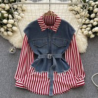 Two piece Tops Lace up Waist Casual Loose Versatile Denim Splicing Striped Shirt