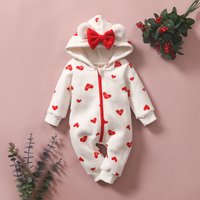  Hooded Romper Heart & Bow Design Soft Cotton Zip Up Jumpsuit Infants & Toddlers 