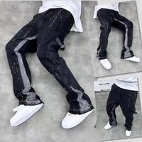 Men's High Street Trendy Splashed Ink Micro Flared Jeans Retro Vibe Loose Straight Casual Mopping Trousers Denim Mid Waist Long