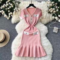 Women's Clothing V Neck Fishtail Dress Knitted Black Temperament Waist Slim Design Skirt