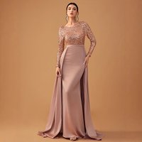Elegant Sequin Long Sleeve Evening Dress U Neck Formal Gown Black Navy Champagne & Wine Red