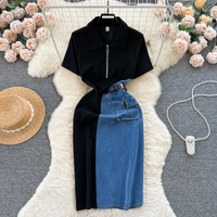 Clothing retro denim skirt design sense contrast stitching slim fit medium long short sleeve temperament dress