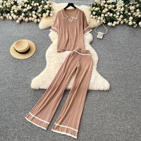 Women's Clothing Retro Fashion Contrast Color Lapel Short Sleeved Knitted Top High Waist Casual Wide Leg Pants Suit