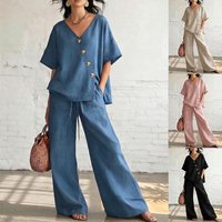 Voghion Women's Casual V-Neck Top and Drawstring Trousers Set