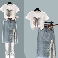 Women's Clothing Summer New Beaded Short Sleeved T Shirt Women's High Waist Split Skirt