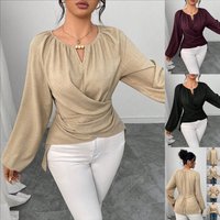 Elegant Beaded Wrap V-Neck Blouse for Women Crisscross Ruffle Detail Long Sleeves Flattering Design