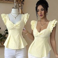 2026 Fashion Solid Jacquard Top Asymmetrical Heart Neckline Double Bubble Sleeves