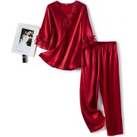 Sleepwears Large Spring Autumn Thin Three Quarter Sleeve Silk Pajamas Embroidered Lace Two Piece Set Home Clothes