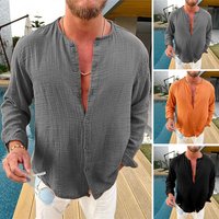Men's Cotton And Linen Solid Color Double Layer Wrinkled Long Sleeved Shirt Fashion Loose Casual Comfortable Shirt