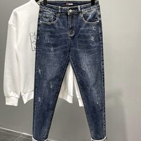 Men's Slim Fit Distressed Jeans Washed Dark Blue Cropped Trousers Trendy Versatile New Spring Autumn Style
