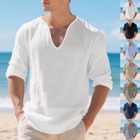Casual V Neck Long Sleeved Shirt Loose Fit Solid Breathable Linen Cotton Blend American Style Base Shirt