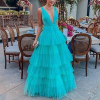 Dress Mesh Cake Skirt Suspenders V neck Evening Dress