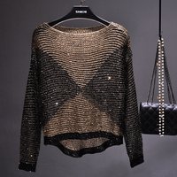 Cross border Hot Selling European American Hollow Sequins Loose Knitwear Pullover Bright Silk Base Shirt Long Sleeve Round Neck Top