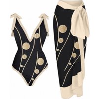 French Retro Print One-piece Swimsuit Women's Hot Spring Resort Beach Skirt Two-piece Swimsuit