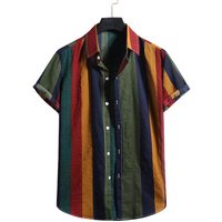 Men's new striped casual men's shirt with lapel short sleeve personality color striped men's shirt