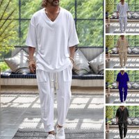 Clothingautumn casual solid V neck pullover short sleeved drawstring pocket design tapered trousers suit