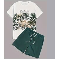 Green Block Tropical Plant Digital Printed Suit Set Stylish Casual Fashion