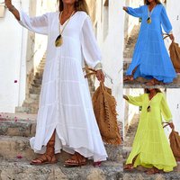 Clothing Solid V Neck Long Sleeve Bohemian Cotton Hemp Dress