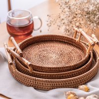 Handwoven Rattan Storage Tray Wooden Handle Round Wicker Basket Bread Food Plate Fruit Cake Platter Dinner Serving Tray