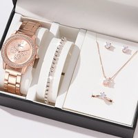 2023 New Hot Selling Watch 5pcs/set Steel Band Women's Watch Three Eyes Women's Casual Korean Quartz Watch Set (orange Box)