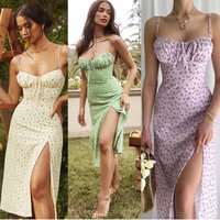 Vacation Style Summer Women’s Floral Camisole Dress With Slit Long Skirt