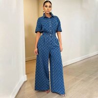 Women’s Clothing casual plaid washed denim flared pants suit