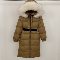 Luxury Long Hooded Down Coat With Raccoon Fur Trim, 90% White Duck Fill, Belted Waist Design (Black/Khaki/Army Green/Beige)