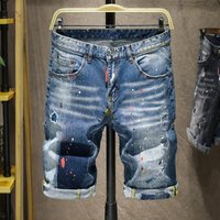 Men's Clothing 2024 Summer Street Trousers, Heavy-duty Washed Hole Patch Patches, Sprinkled Paint Spots, Denim Mid-length Trousers For Men