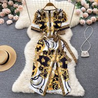 Clothing Summer Fashion Palace Style Printed Round Neck Long Sleeve Tie Waist Slimming High End Temperament Hip Cover Dress