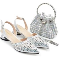 Plus pointed shoes back empty plated heel + Rhinestone bucket handbag