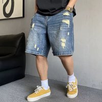 Vintage Distressed Denim Shorts For Men - Relaxed Fit American Casual Style, Ripped Knee Design With Frayed Hem, Streetwear Five-Pocket Shorts