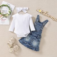 Baby Clothing Baby girls outfit cute flying sleeve white dress + denim suspenders dress