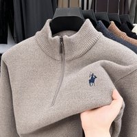 Men's Zipper Pullover With Fleece Lining, Trendy Casual Loose Embroidered Autumn Winter Solid Color Knitted Base Shirt