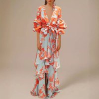 Clothing Fashion Printed Holiday Chiffon Dress Deep V Neck Irregular Bohemian Long Skirt Female
