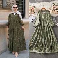 V Neck Printed Abaya Dress – Modest Flowy Long Robe Muslim 