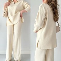 Women's Clothing fashion solid color loose hem slit sweater two-piece set
