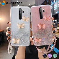 Bling Butterfly Glitter Lanyard Silicone Phone Case Xiaomi Redmi 9C 9A Note11 10 9 8 Pro Poco M3 X3 M4 Pro Shiny Cov