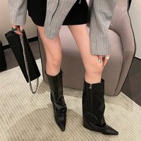 Stacked Shaft Knight Boots 7CM Chunky Heel Pointed Toe Boots Retro British Style Side Zip Ankle Boots Winter Ready Fleece Lining