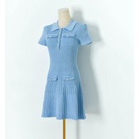 Clothing S4032 Spring Summer Sequined Yarn Elastic Waist Lapel Short Sleeve Knitted Skirt line Dress