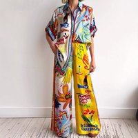 Women's Clothing Fashion Personality Printed Short Sleeved Color Matching Holiday Leisure Tether Suit