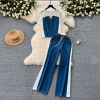 Clothing Short Sleeved T Shirt Patchwork Denim Top High Waist Casual Straight Pants Two Piece Suit