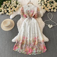 Women's Clothing American Court Style Long Dress Lace Print Round Neck Casual Elegant Fashion Hollowed Out High End Vacation Bridal Gown