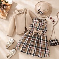 Coat + Plaid Line Skirt + Bow Hat Autumn Winter Suit Three Piece Set