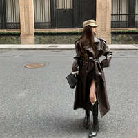 Retro Mid Length Over Knee Jacket High Quality Loose Leather Windbreaker