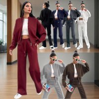 Clothing Autumn Winter Solid Plus Velvet Zipper Cardigan Fashion Casual Straight Pants Set