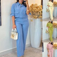 ODS5726 Women's Long Sleeve Cropped Shirt & Wide Leg Pants Set – Effortless Chic In Vibrant Colors