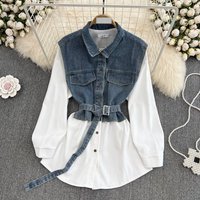 Retro Denim Trimmed Shirt Dress – Line Collared Dress Long Sleeves